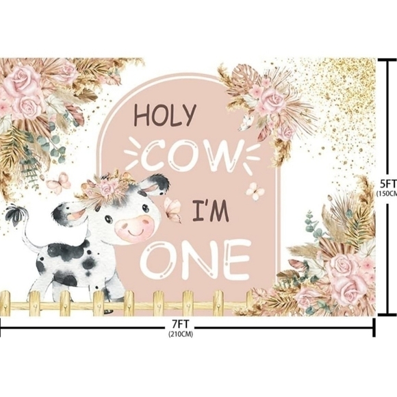 AIBIIN 7x5ft Holy Cow I'm One Backdrop for Girl Boho Pink Floral First Birthday - Picture 2 of 3